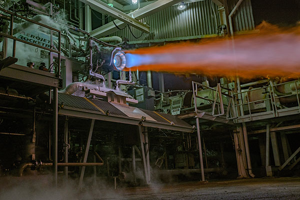 An Aerojet Rocketdyne RL10C-X prototype engine, which includes 3-D printed core components, undergoes hot-fire testing at Aerojet Rocketdyne’s facility in West Palm Beach, Florida