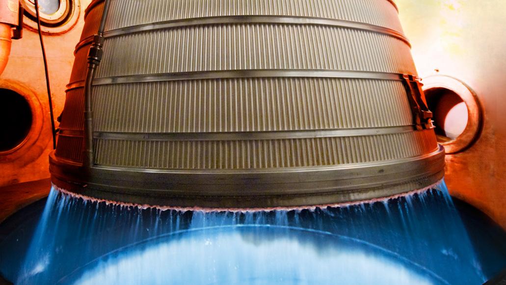 An Aerojet Rocketdyne RL10 engine undergoes hot fire testing at the company’s facility in West Palm Beach, Florida.