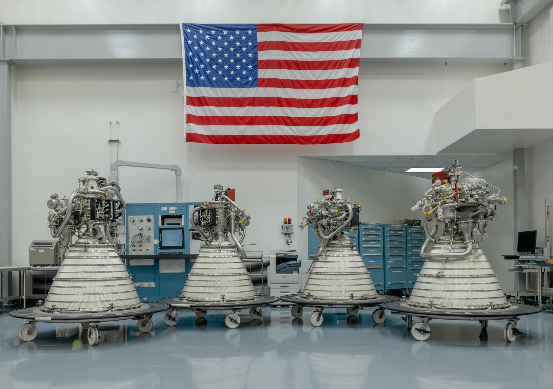 20200203_aerojet_rocketdyne_four_rl10c_3_engines_sized.jpg: Feb 03, 2020 - Four AR RL10 rocket engines - shown here at the copmany's facility in West Palm Beach, Florida - were recently delivered to NASA. Engines to help power SLS upper stage.