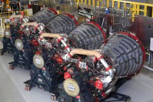 Oct. 11, 2017 - Aerojet Rocketdyne displays the four RS-25 engines slated to fly on EM-1, the maiden flight of NASA's SLS rocket, at its facility located at NASA's Stennis Space Center.