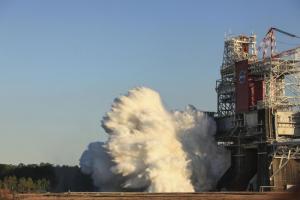 The core stage for the first flight of NASA’s SLS rocket is seen in the B-2 Test Stand during a scheduled eight minute duration hot fire test, Saturday, Jan. 16, 2021, at NASA’s Stennis Space Center near Bay St. Louis, Mississippi. Credit: NASA