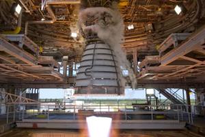 RS-25 engine test close up from inside A-1 test stand at NASA's Stennis Space Center. Photo taken Aug 13, 2015.