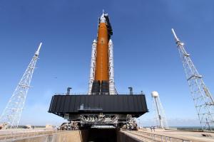 Artist rendition of NASA's Block 1 Space Launch System rolling out to the Pad. Image courtesy of NASA.