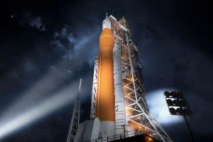 Artist rendition of NASA's Block 1 Space Launch System on the launch pad. Image courtesy of NASA.