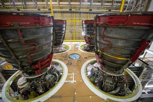 Nov. 6, 2019 - Four RS-25 engines attached to the core Stage for NASA’s Space Launch System rocket for NASA’s Artemis I mission to the Moon. Image courtesy of NASA.