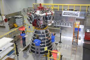 RS-25 engine inspection inside the engine assembly room at Aerojet Rocketdyne's Stennis Space Center Facility (August 2015). 